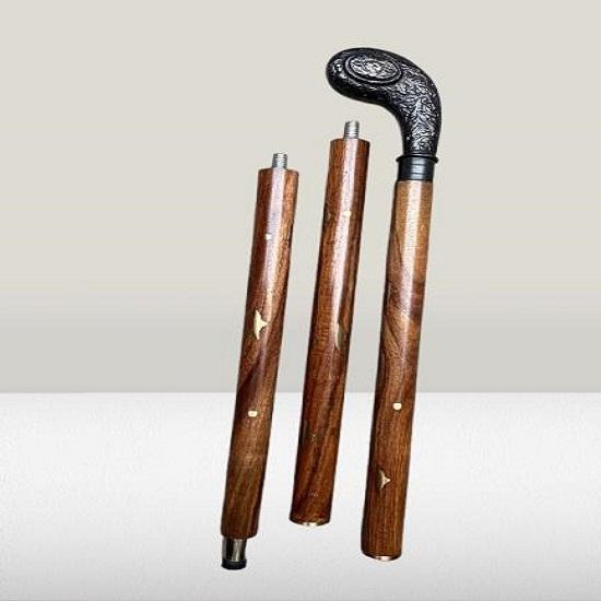 Handmade Black Brass Handle Walking Stick  3 Fold Cane