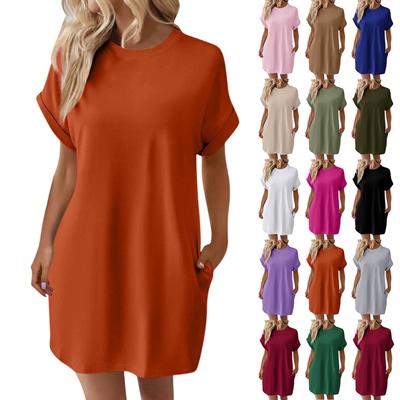 Damenmode Einfarbig Rundhals Tasche Locker Kurzarm Kleid