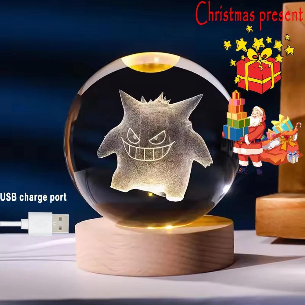 Hot 6cm 3D Crystal Ball Stitch Pikachu Wooden Base with 6cm Crystal Ball Planet Night Light Laser Carving Children's Gifts