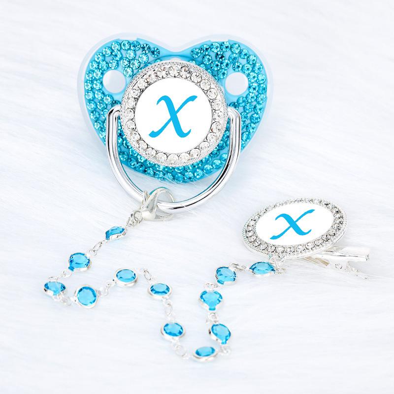 Lake Blue Rhinestone Baby Pacifier with Beaded Chain Clip