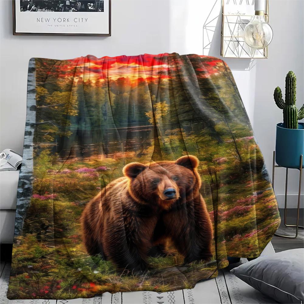 1Pc Brown Bear Print Flannel Blanket, High quality Comfortable for All Seasons, Home Decor, Warmth and Comfort, Perfect for Gifts