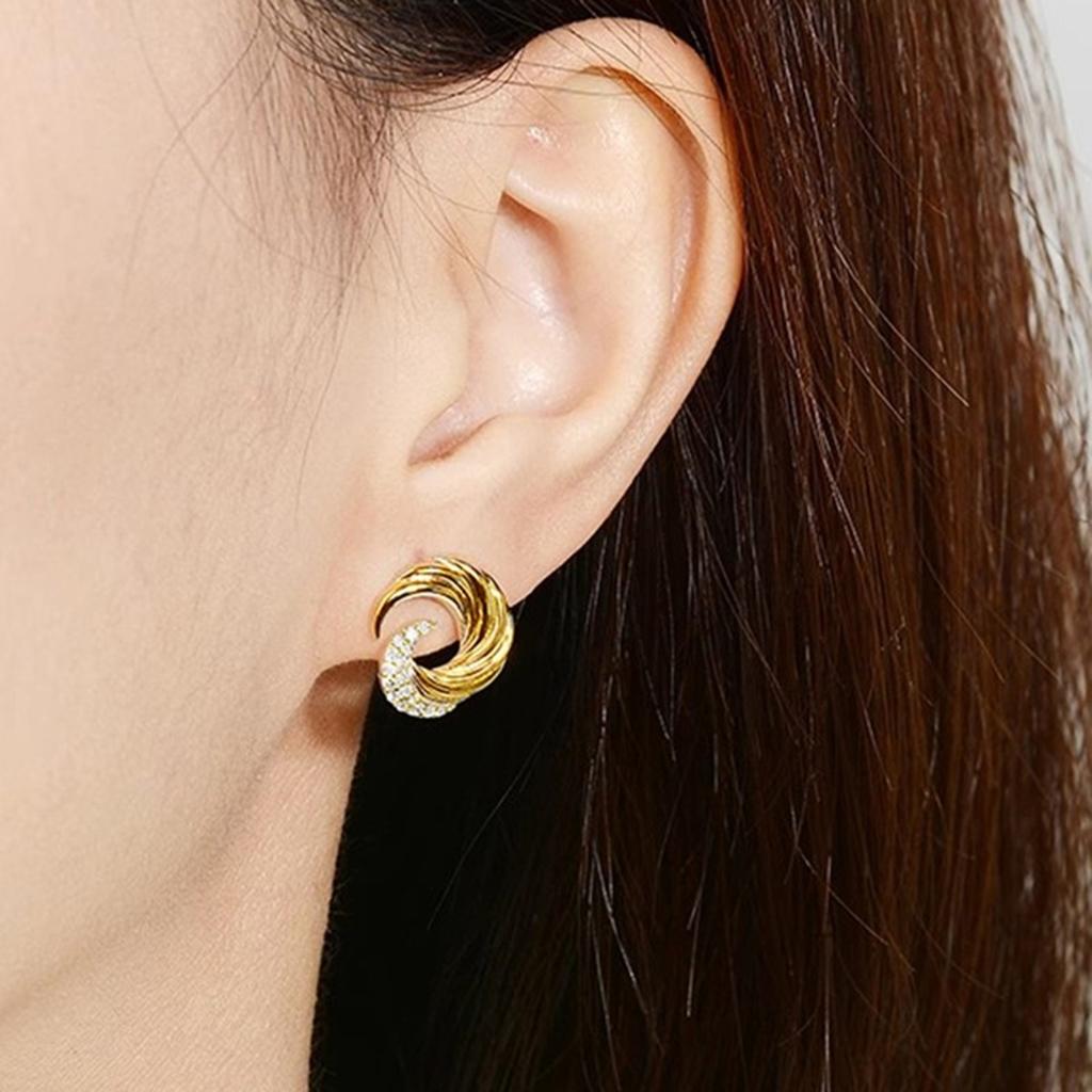 Swirl Wave Stud Earrings for Women Elegant Gold Tone Paved Stone Earrings for Daily and Special Occasions