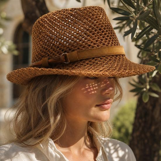 Summer Sun Protection Jazz Hat, Hand-Knitted Breathable Mesh Hat, Hand-made Hollow Braided Hat with Belt Decor