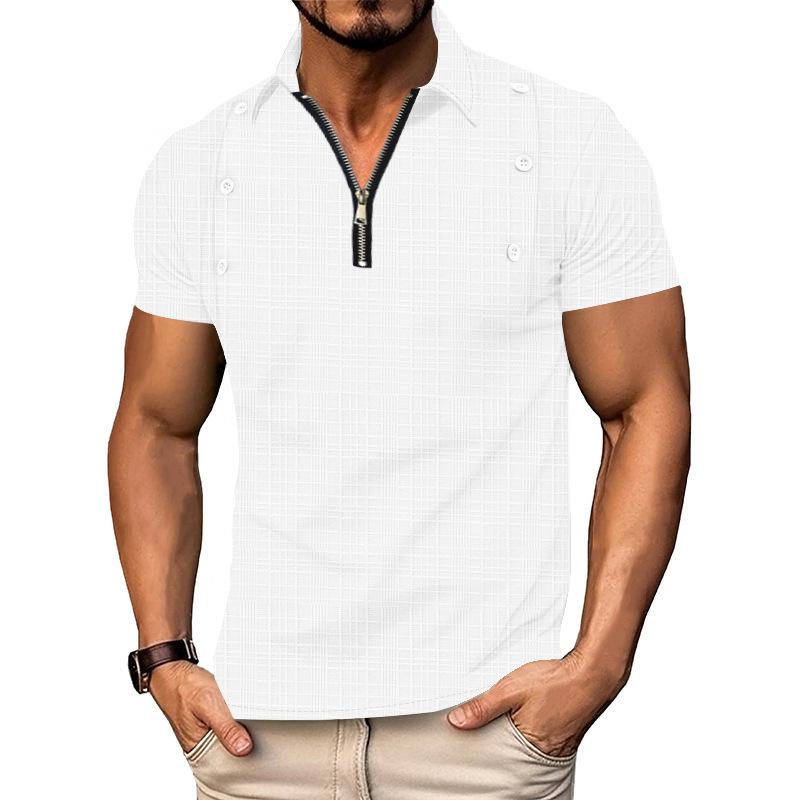 Mens Casual Short Sleeve Breathable Zip Grid Print Polo Shirt