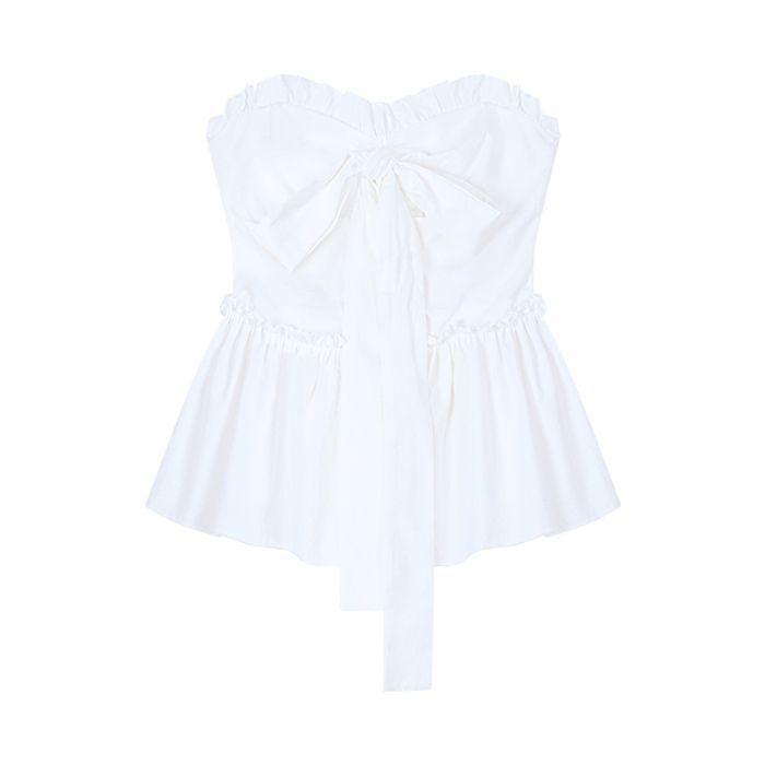 Sweet Wind White Bow Strap Tube Top Women's Summer French Ruffle Edge Chic Waist Slim Top