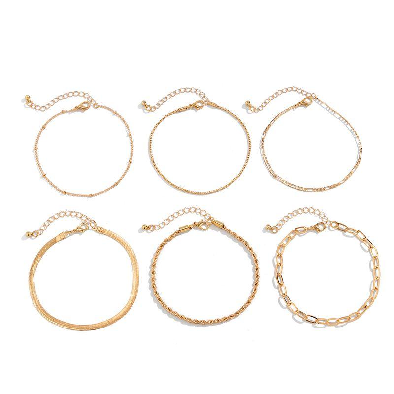 6-Piece Set Cable Stitch Snake Bones Chain Metal Anklet Suit Fashion Minimalist Photo Taking Matching Bare Ornament Trendy Women Gold