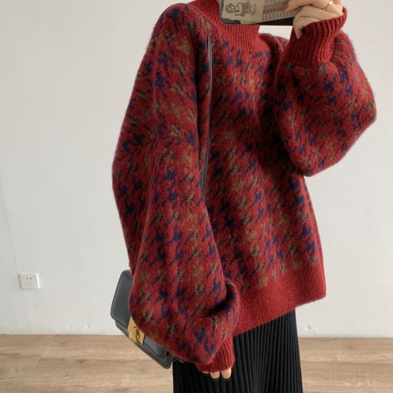 Girls' Retro Style Qianniao Grid Semi High Neck Autumn Sweater, Thick and Soft Imitation Cowhide, Comfortable and Warm Long Sleeved Top
