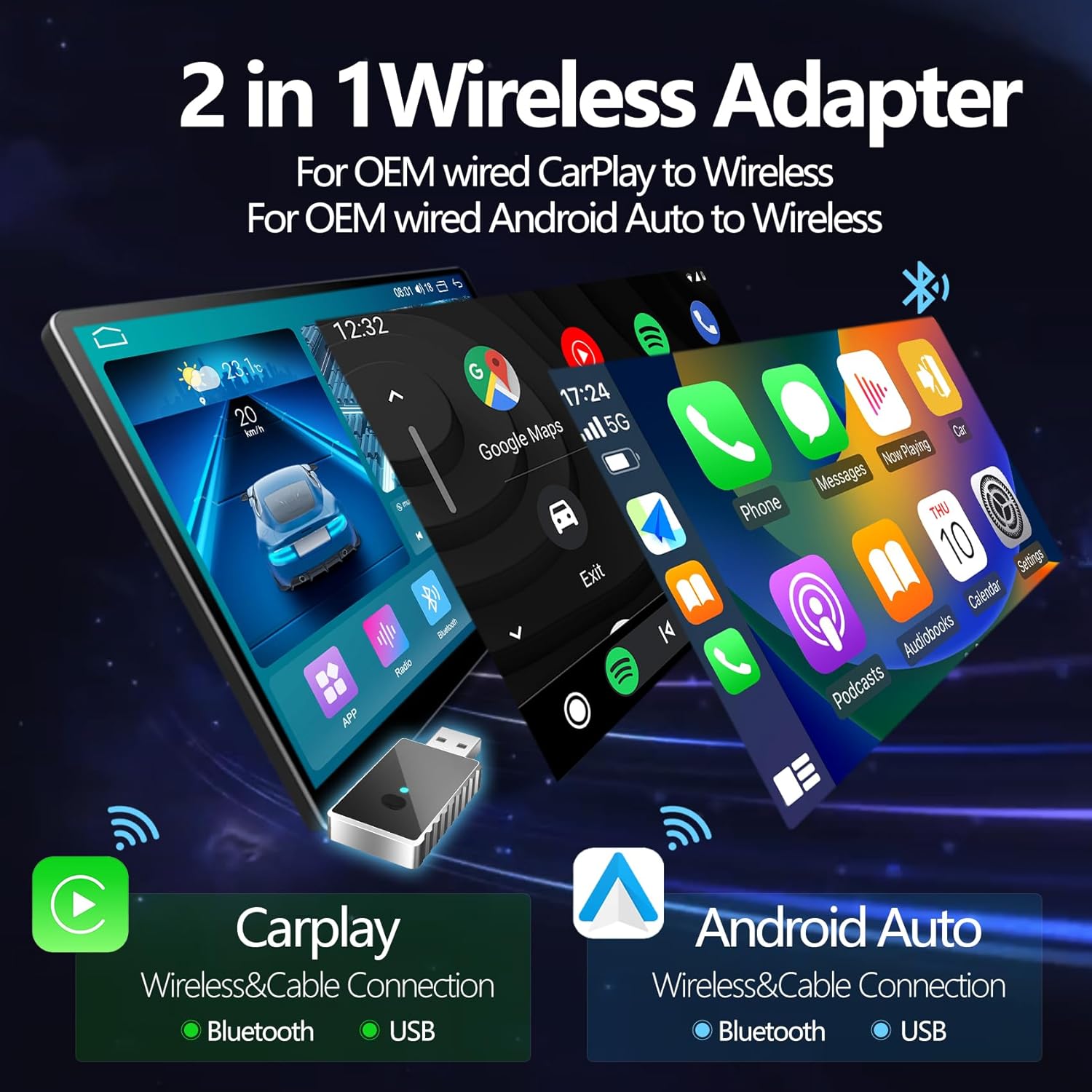 

Wireless CarPlay Adapter 2-in-1 Android Auto AI Box, Plug & Play Mini for Cars, Convert Wired to Wireless United States