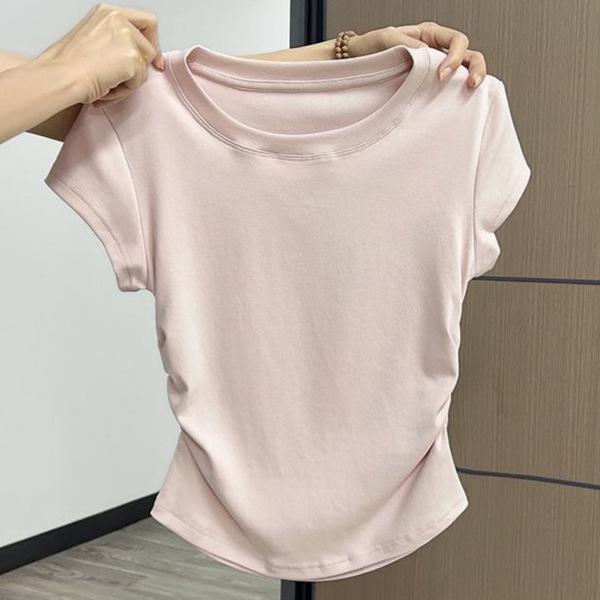 

Women s Pink Crew Neck Short Sleeve Slim Fit Top with Pleated Waist Large розовый