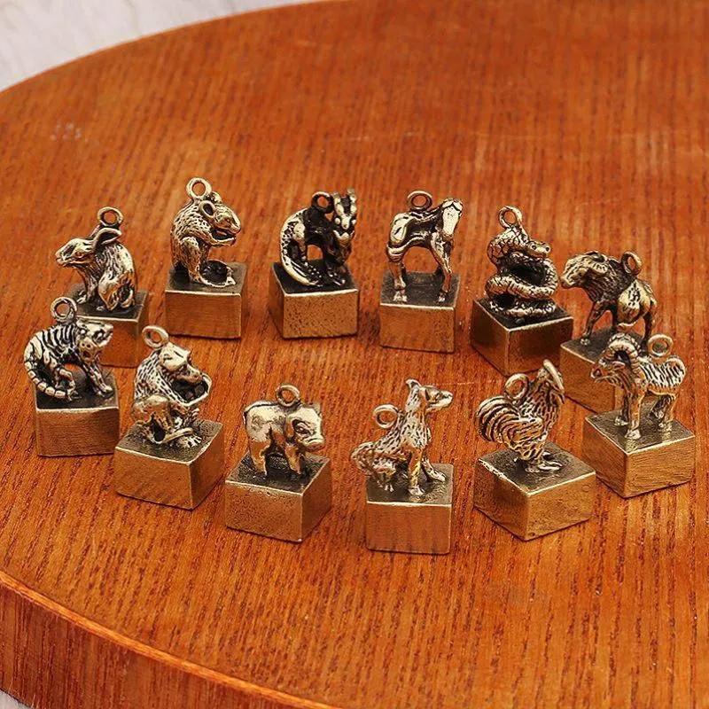 Set of 12 Brass Zodiac Animal Stamps Small Decorative Figurines Chinese Zodiac Twelve Animals Collection One Size
