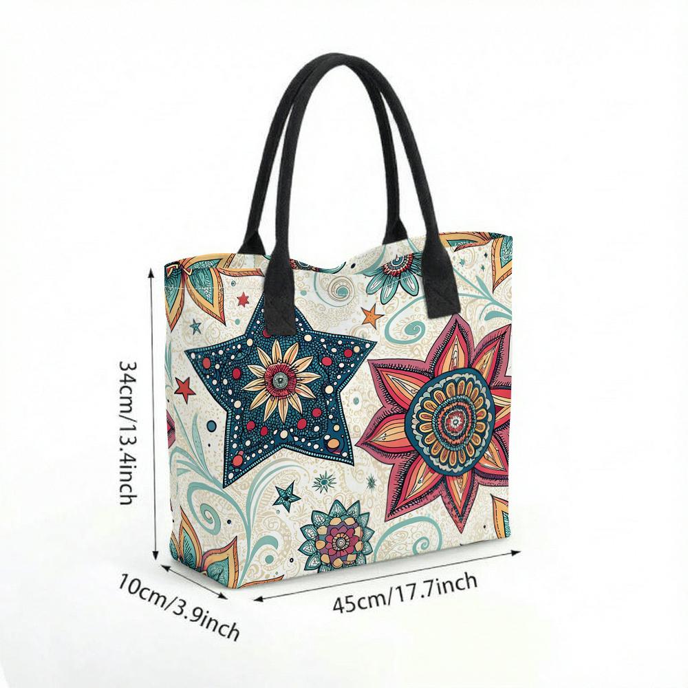  Boho Floral Star Print Tote Bag Fashion Large Capacity Casual Shoulder Handbag for Daily Use