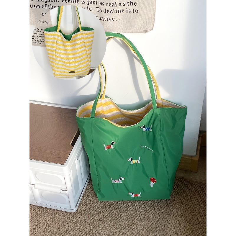 Early spring new dopamine double-sided shoulder bag cute dachshund dog embroidered canvas bag small fresh nylon underarm bag