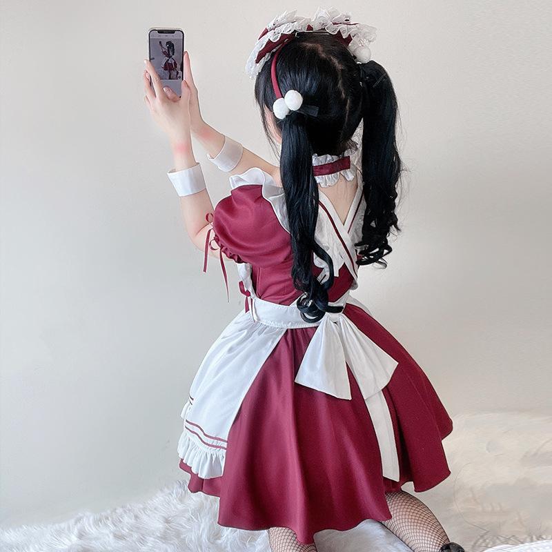 Jingyue Fang Maid Outfit Cosplay Costume Burgundy Polyester 7-Piece Set