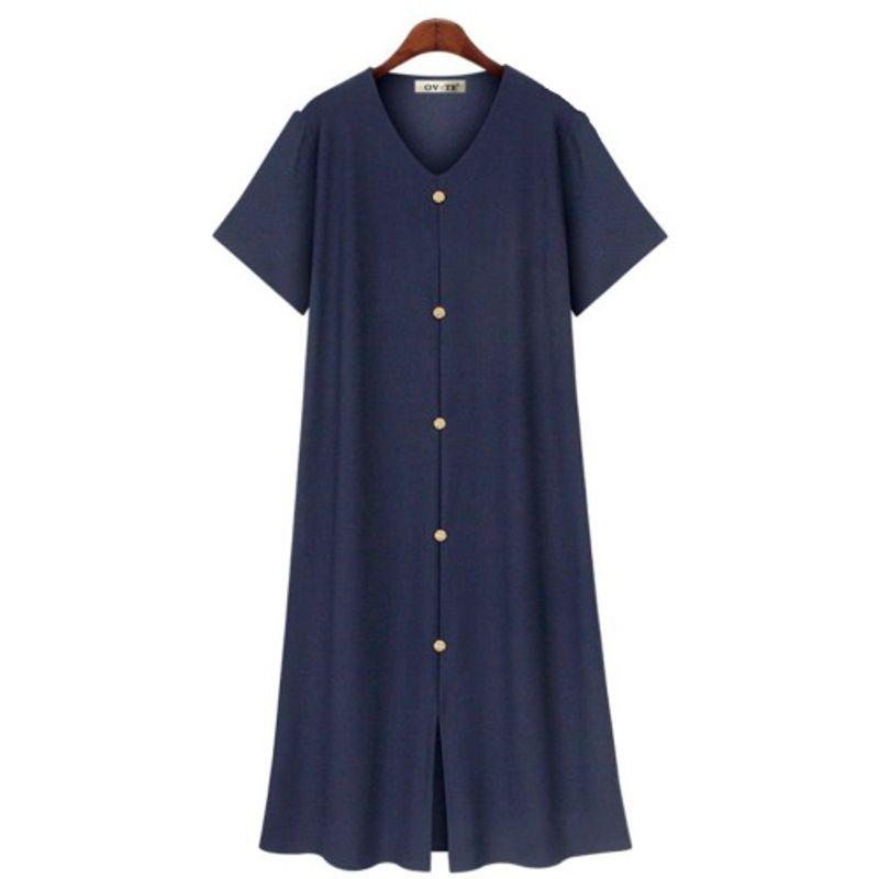 Plus Size Women's Retro Style Summer Dark Blue V-neck Single Breasted Simple Mid-Length Short Sleeve Dress Women Dress