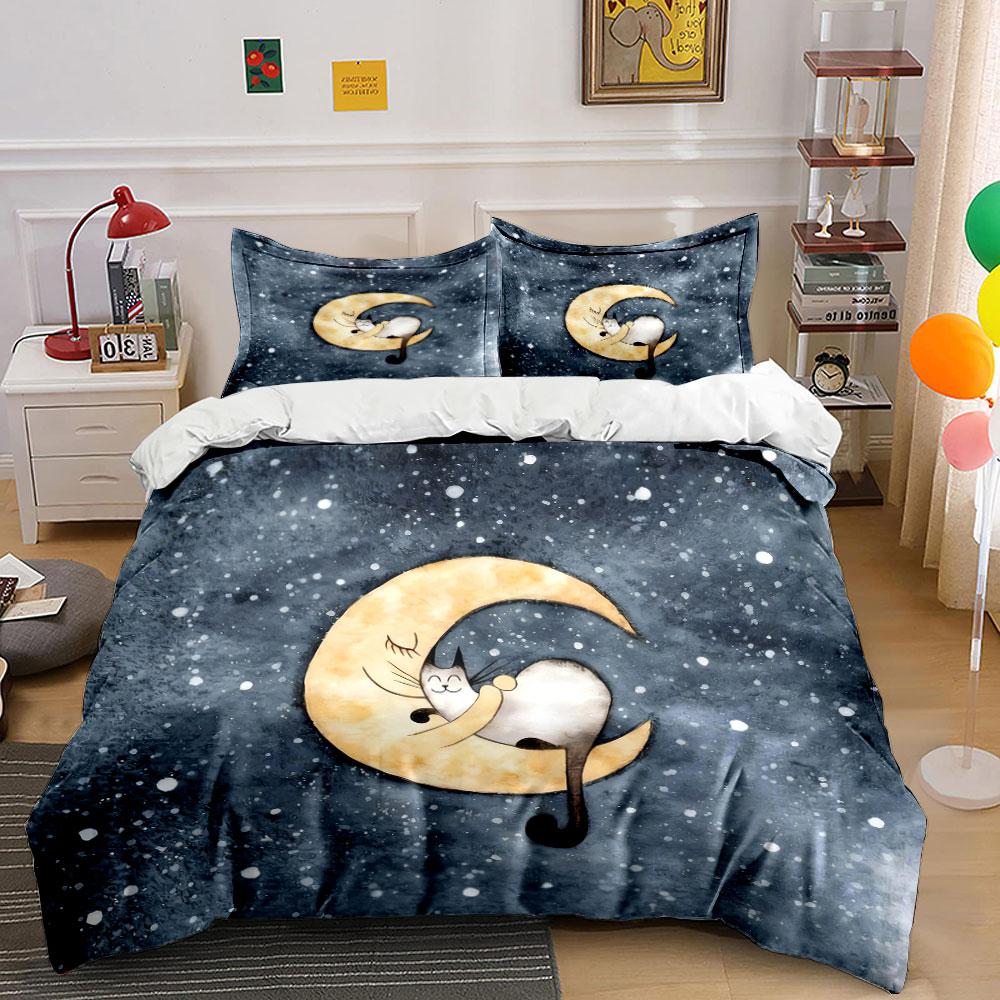 Moon Cat Night Decor Set Soft Comfortable Duvet Cover Bedding Set Included 1*Duvet Cover & 2*Pillowcases, Gift