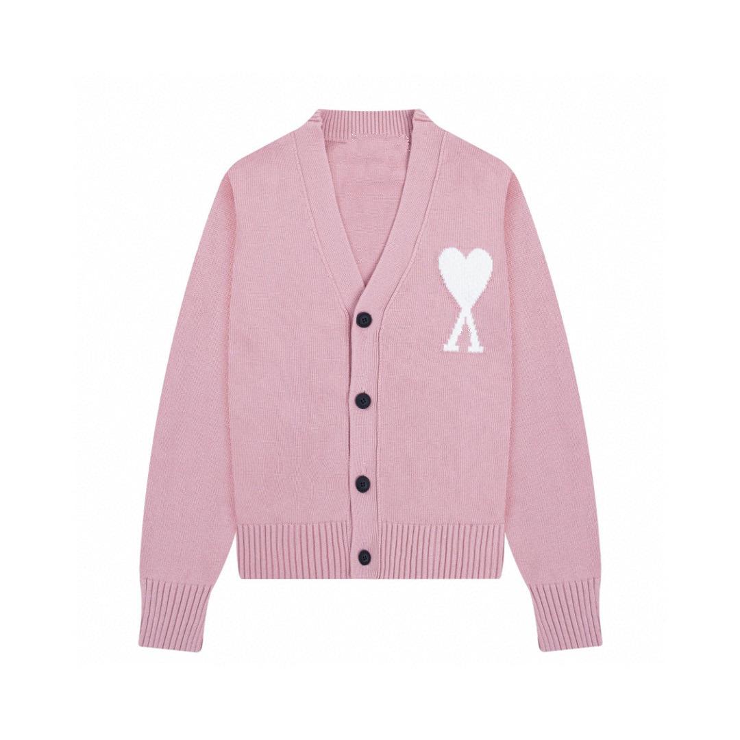 

Унисекс кардиган V-образного выреза с жаккардовым узором «сердечки» - На пуговицах, с длинным рукавом, свободного кроя для весны и осени. Medium розовый