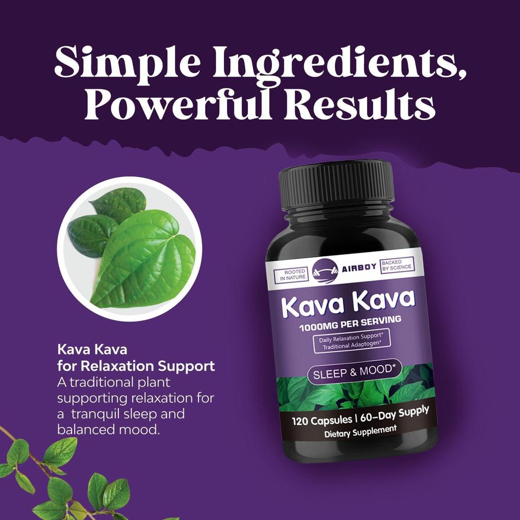 Kava root extract capsules, 1000mg high concentration of kava plant extract per serving, suitable for adults.