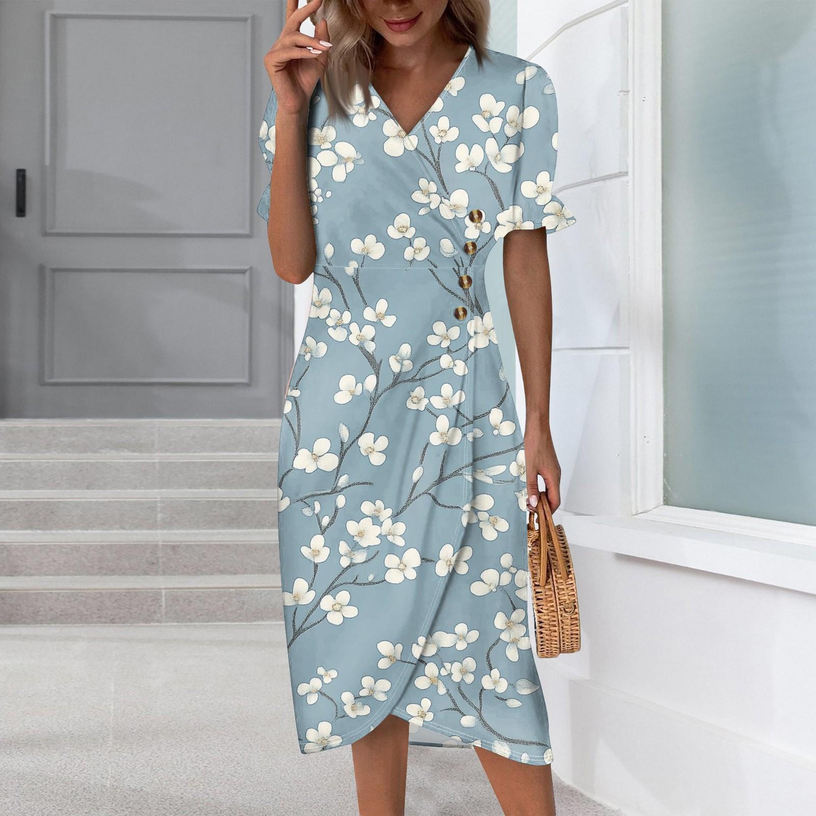 

Beach Dresses For Women Spring Summer Elegant Wrap V Neck Floral Boho Dress Flowy Ruched Hawaiian Maxi Dress XXL