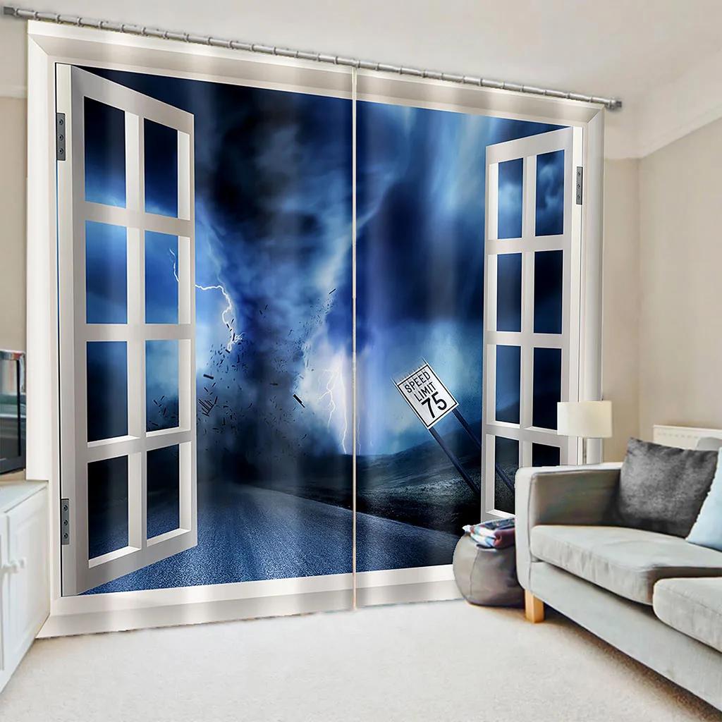 Wald Fenster 3D Natur Landschaft Strand Meer Baum Grün Vorhänge Fenstergardinen für Wohnzimmer Schlafzimmer Küche 2 Stück Dekor