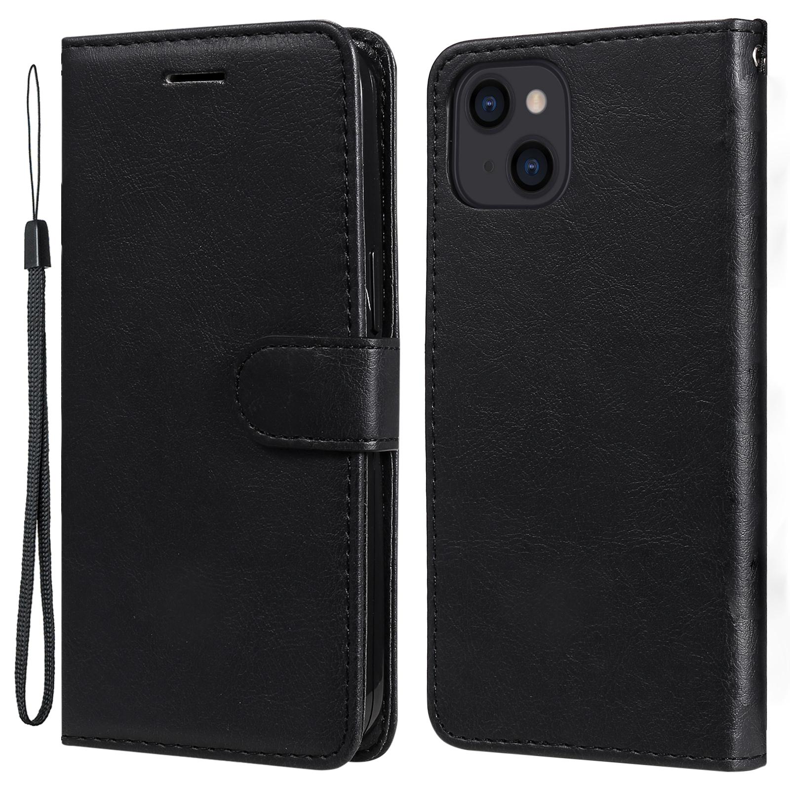 

For iPhone 15 Case Solid Color Leather Mobile Cover Wallet Stand with Strap Black