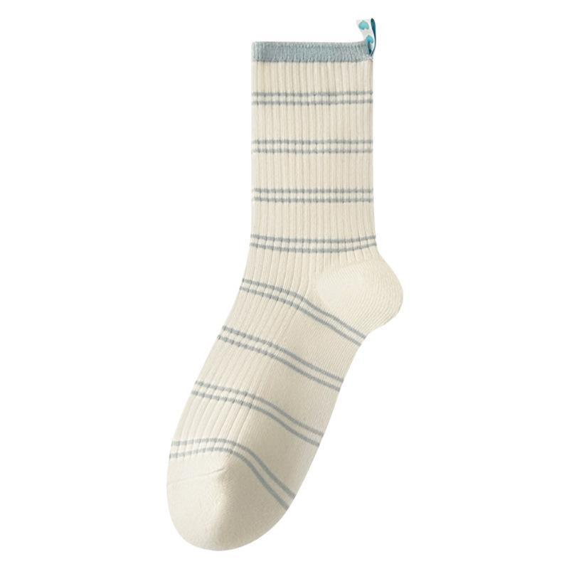 Spring And Autumn Cream Baby Blue Stripe Small Fresh Heel Love Cloth Label Double Needle Mid-Tube Socks Pile Socks For Women