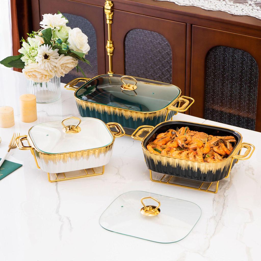 Rectangular Golden Ceramic Baking Casserole Pot with Stand