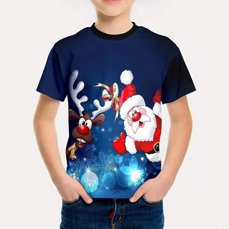 

Дитячі футболки з новорічним принтом Санта Клауса з круглим вирізом, зручний модний топ з коротким рукавом для хлопчиків 120