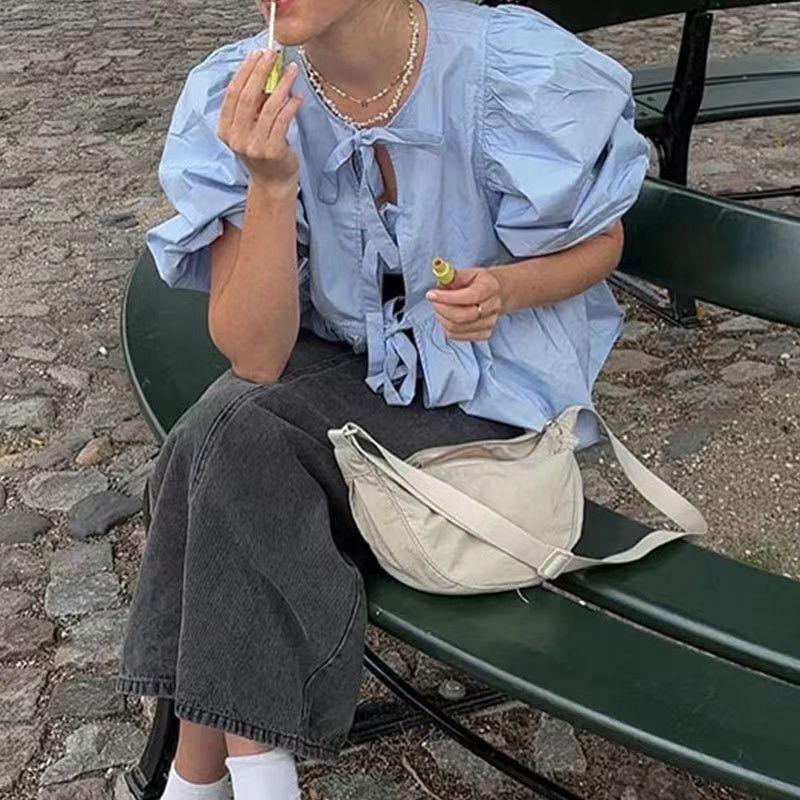 Fashion Wind Summer New Arrival Fashion Wind Lace-up Crew Neck Puff Sleeve Shirt Fashion Sexy Loose Cardigan Top