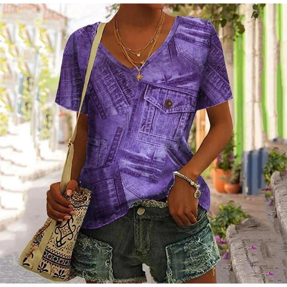 Abstract Face T-Shirts Fake Pocket 3D Print Women's V-Neck Short Sleeve T Shirt Y2K Casual Tees Harajuku Tops Female Clothing