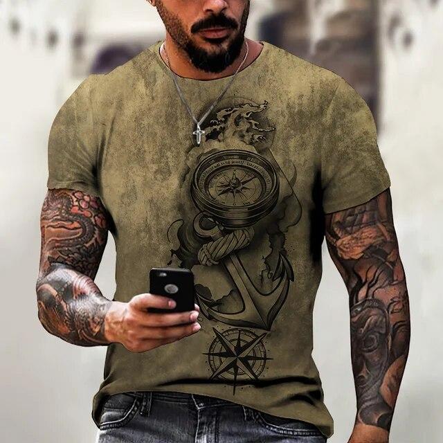 Vintage Men's Short Sleeve Shirt Compass Print T-shirt Nautical Tops Summer O-Neck Sweatshirt Tees Designer Daily Mens Clothing