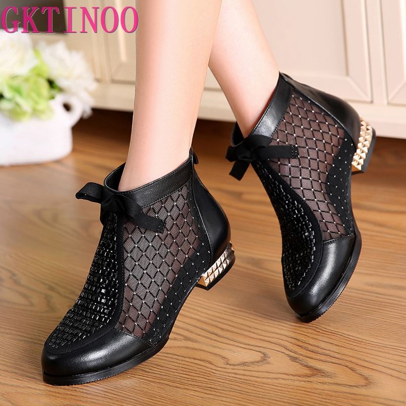 Fashion GKTINOO 2025 Spring Summer New Bow Genuine Leather Women Boots Hollow Mesh Ankle Boots Comfortable Low Heels Fashion Shoes