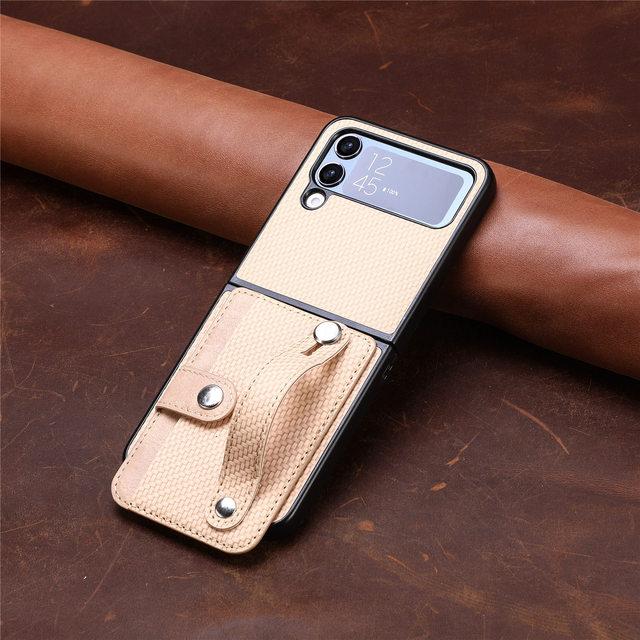 For Samsung Z Flip 4 Portable Wristband Carbon Fiber Case For Samsung Galaxy Z Flip 4 5 5g Flip4 Zflip4 Card Holder Bag