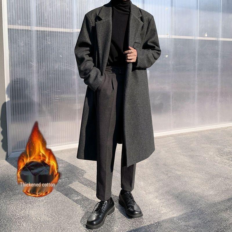 Męski casualowy wełniany płaszcz trencz w stylu koreańskim - zimowa kurtka średniej długości za kolano
