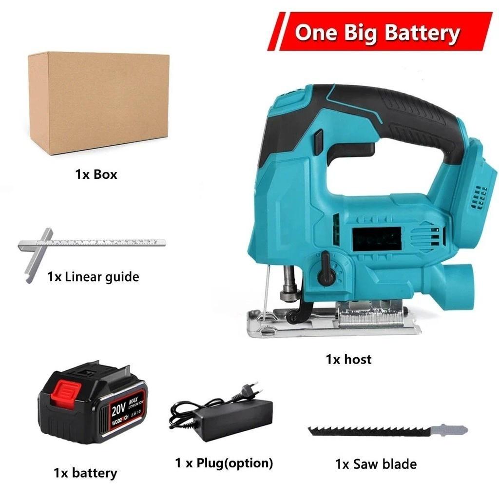 6 Gear Adjustment Cordless Electric Jigsaw Household Portable Curved Saw Multi-Function Woodworking Power Tool Blue
