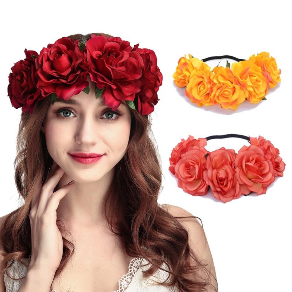 

Elegant Bride Flowers Headband Mexican Style Rose Flower Headpiece Red Rose Wreath Woman Girls
