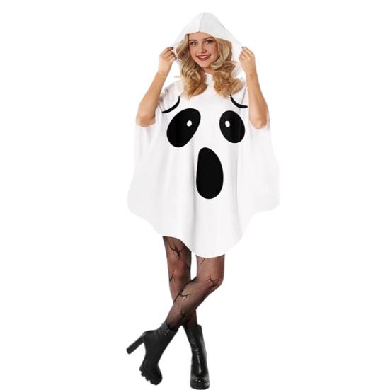 Women Ghost Costume for Adult Halloween Ghost Poncho Cloak White Ghost Hooded Cape Cosplay Party Outfit