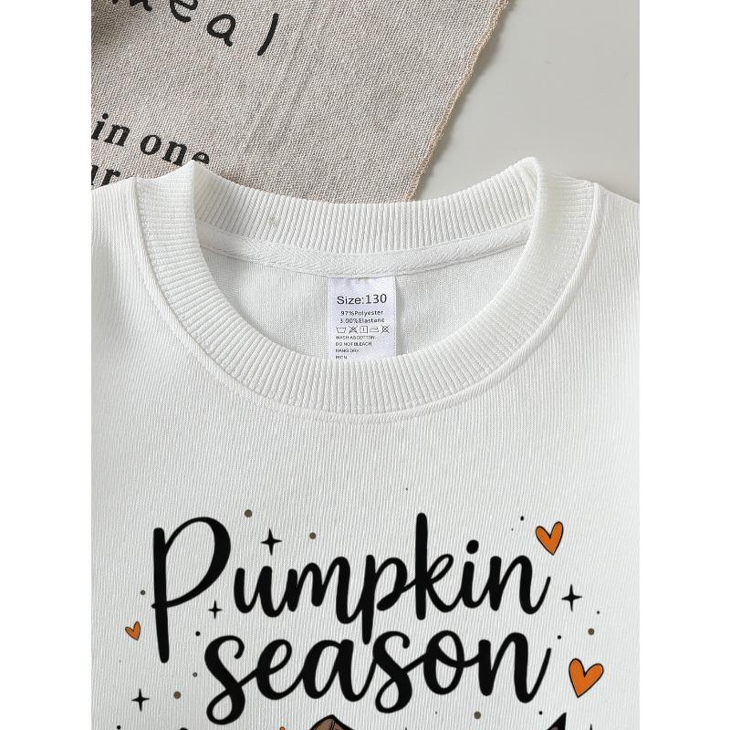 Pumpkin Season Bow Decor Girls' Crew Neck Fashion Sweatshirt, Autumn and Winter Western Style Top, Children's Long Sleeved T-shirt