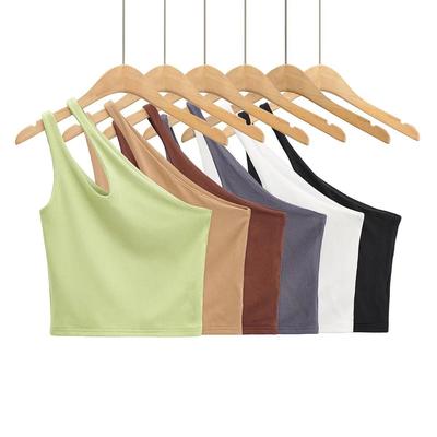 Sexy Damen-Crop-Top, einfarbig, Stretch-Passform, gestrickt, ärmellos, One-Shoulder-Aushöhlung, Basic, rückenfreies Tank-Top