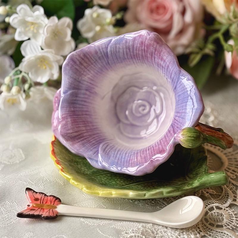 Creative Flower Ceramic Coffee Cup and Saucer Rose Purple Mug Exquisite Afternoon Tea Flower Tea Coffee Cup Embossed Milk Mug