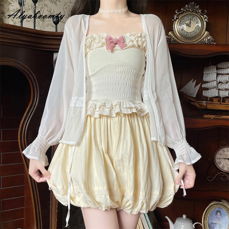 Japanese Lolita Style Summer Women Cotton Shorts High Waist Bow Hollow Out Light Yellow Shorts Skirts Cute Kawaii Girl's Shorts