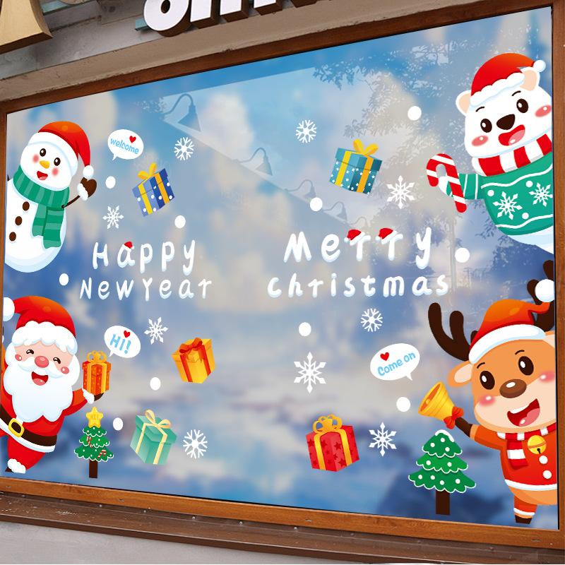 Santa Claus Decorative Scene Glass Door Stickers Shopping Mall Snowman Window Decorations Festive Atmosphere Stickers