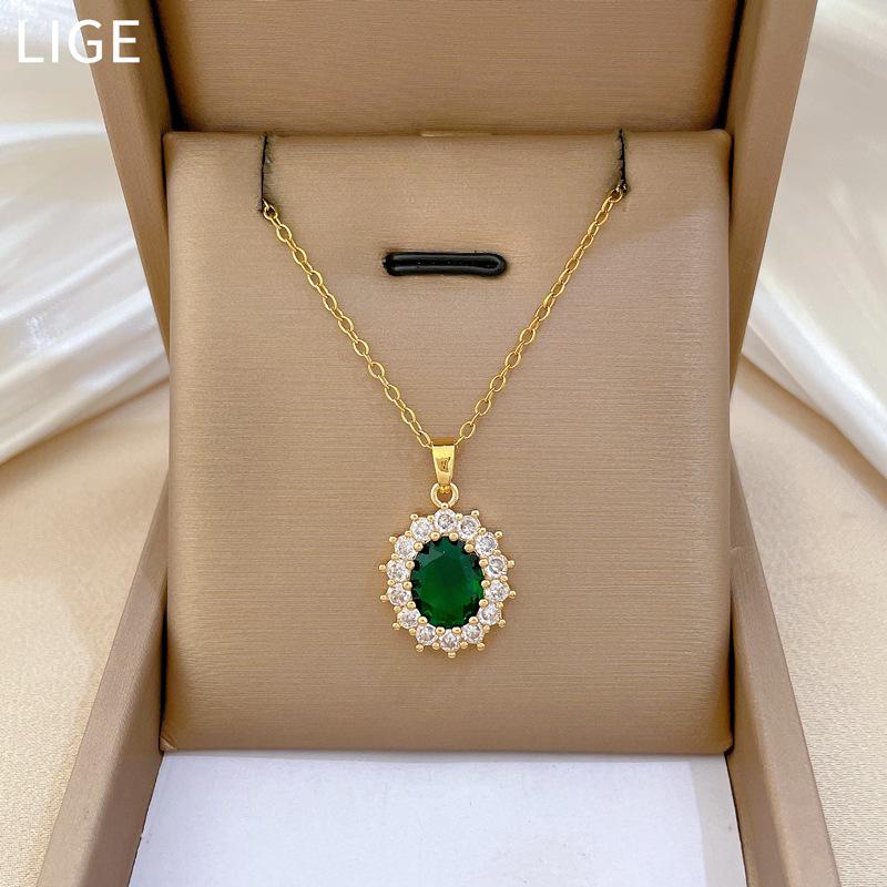 Egg-Shaped Emerald Full Diamond Light Luxury Temperament Gorgeous Full Diamond Necklace Female Versatile Collarbone Chain Titanium Steel