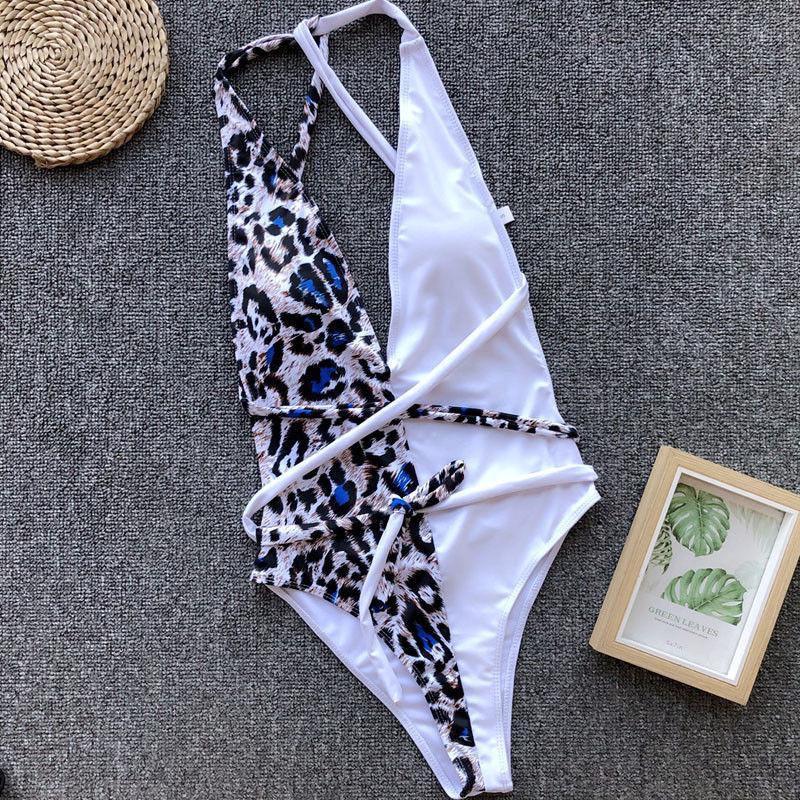 Luxurious Leopard One Piece Bikini Bathing Patchwork Padded Deep V Bandage Halter Swimsuit