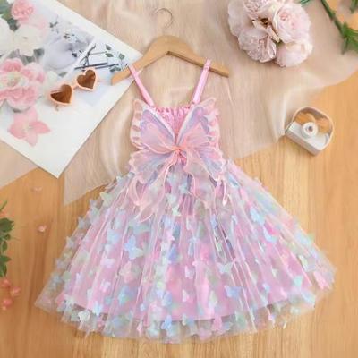 Butterfly Dress Girls Sling Tulle Wrinkle Dresses Kids Birthday Weddings Dress Rainbow