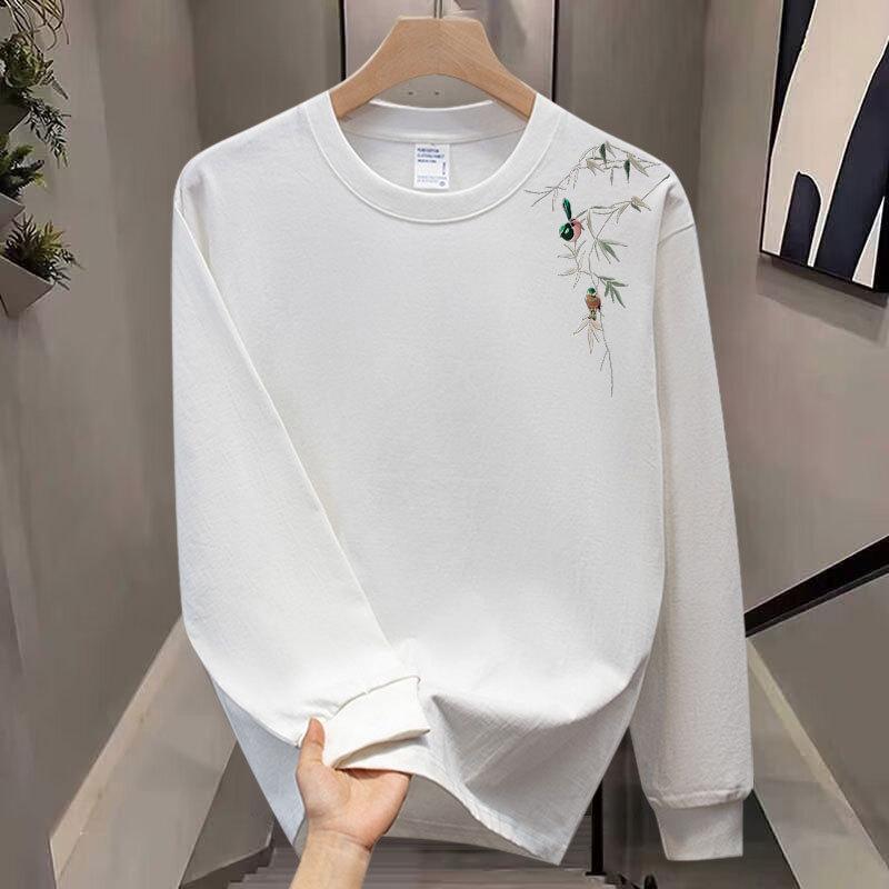 Threaded Cuffs Long Sleeves Trendy Brand Pure Cotton Men'S Bottom Shirt T-Shirt Trendy Crew Neck Men'S And Women'S Versatile Top