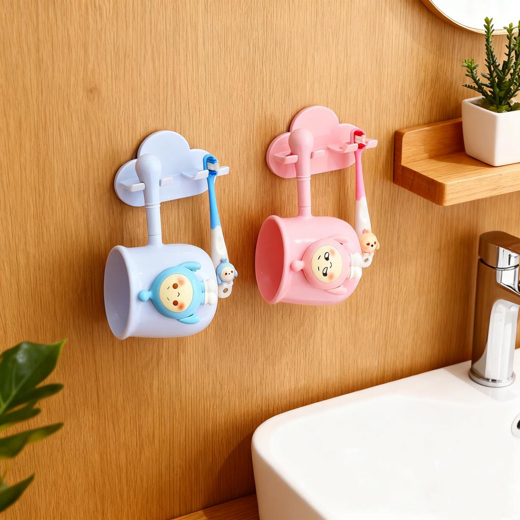 Wall Mounted Toothbrush Cup Holder Organizer Set For Children Bathroom Storage Rack With Toothbrush