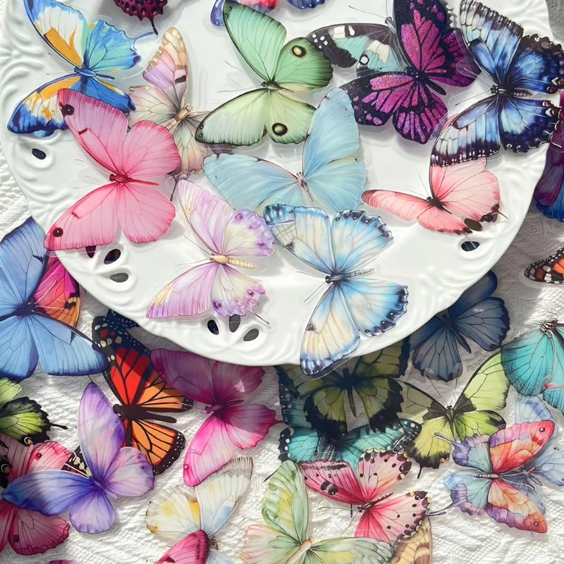 32 Pcs/Box Vibrant Butterfly Stickers - Waterproof PET Adhesive for Laptops Scrapbooks Transparent Colorful Decorative Stickers.