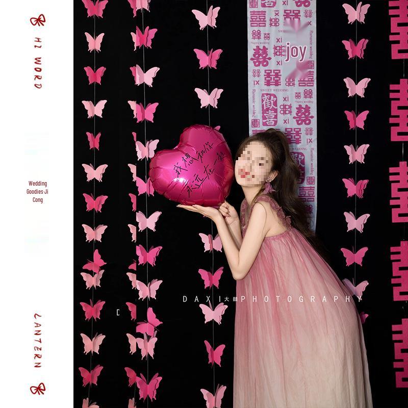 3D Butterfly Wedding Room Decoration Set: Double Happiness Curtains and Pull Flower Ornaments