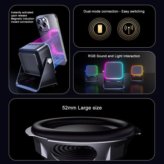 Wireless Induction Speaker with Adjustable Cell Phone Stand Stereo Sound Colorful Light Rechargeable 5-in-1 Bluetooth-compatible Speaker