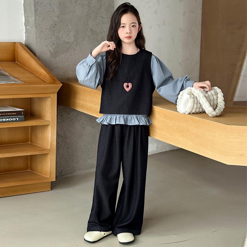 Autumn 2025 Girls' Three-Piece Set: Stylish Vest, Shirt & Wide-Leg Pants